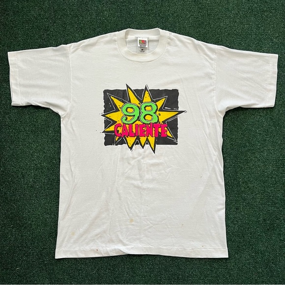 Vintage 90s Miami Radio Station Latin “98 Caliente” White T Shirt Size L 21X29 - Picture 1 of 9